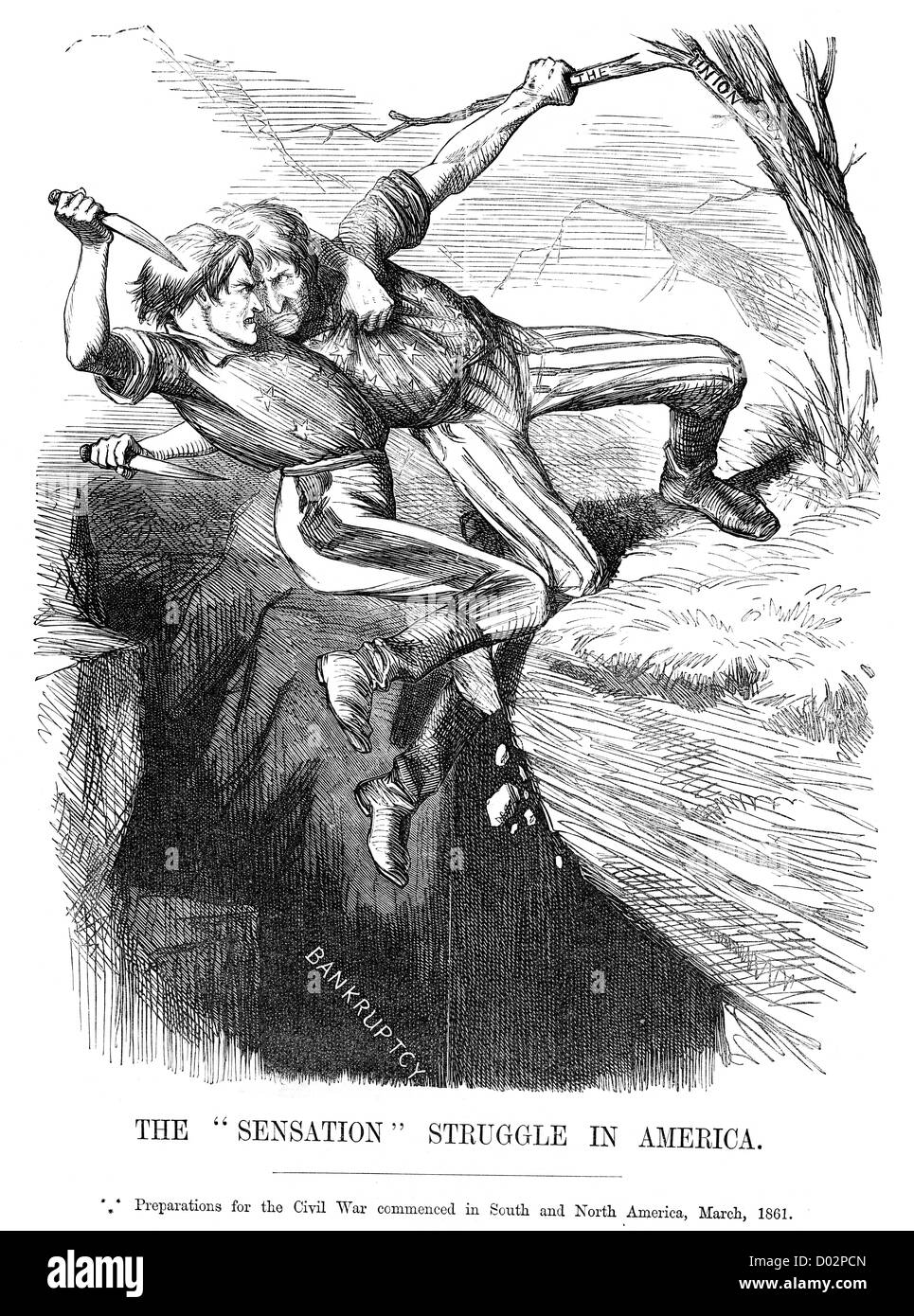 Vintage engraving from 1864 of a political satirical cartoon depicting the outbreak of the American Civil War. Stock Photo