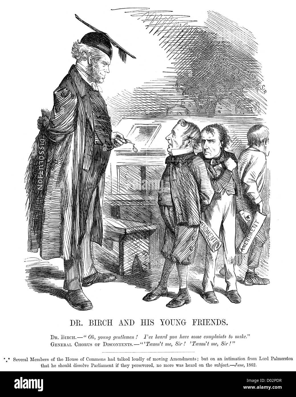 Dr Birch and his Young Friends. Political cartoon about Lord Palmerston threatening to dissolve Parliament, June 1862 Stock Photo