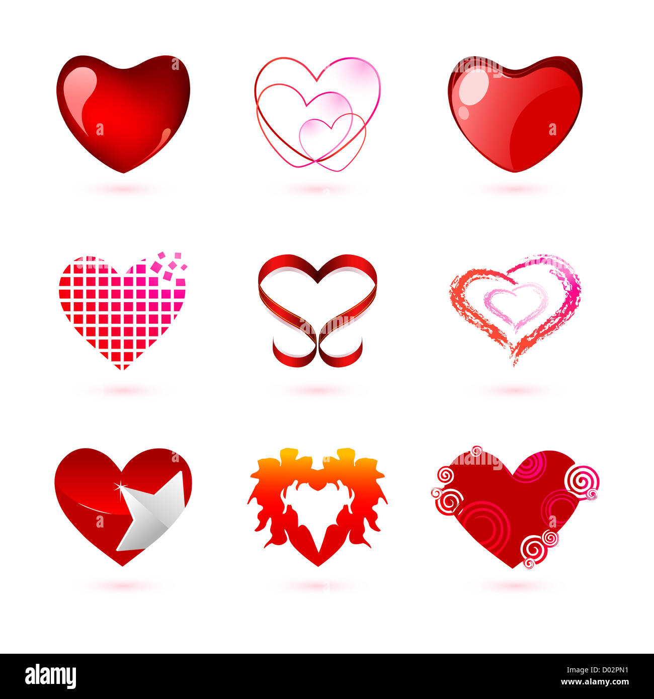 illustration of different types of hearts on white background Stock