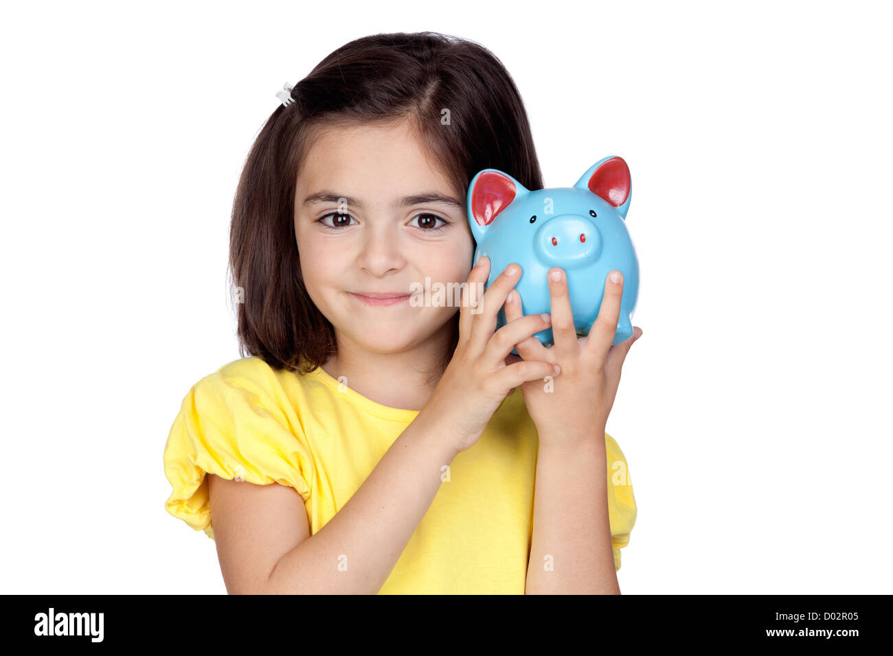 little girl with a blue moneybox isolated on a over white