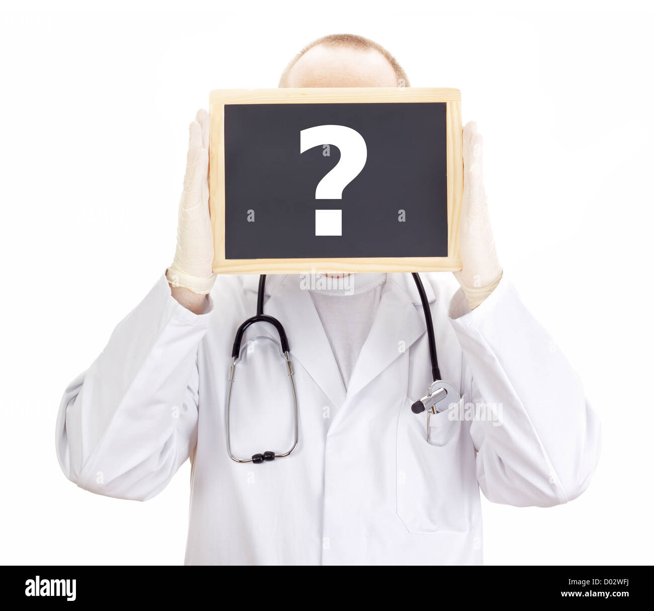 Doctor shows information on blackboard: question mark Stock Photo