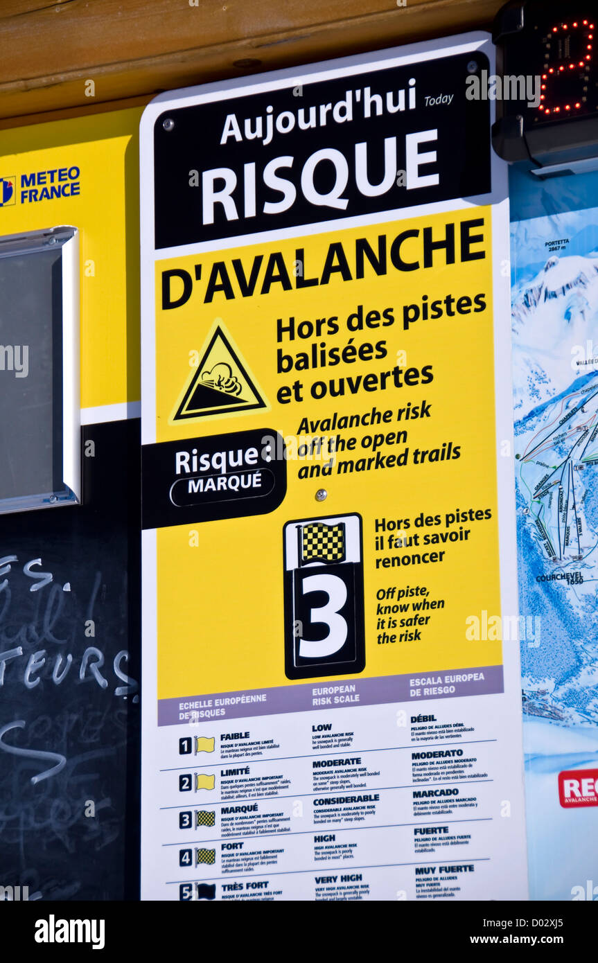 Avalanche information and security sign with level of risk 3 - Les Menuires, the Alps (France) Stock Photo