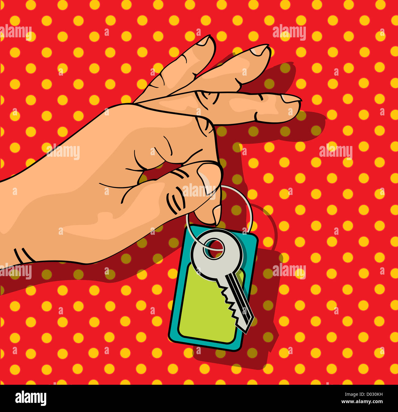 Illustration of a male hand holding keys set. Comic style drawing Stock