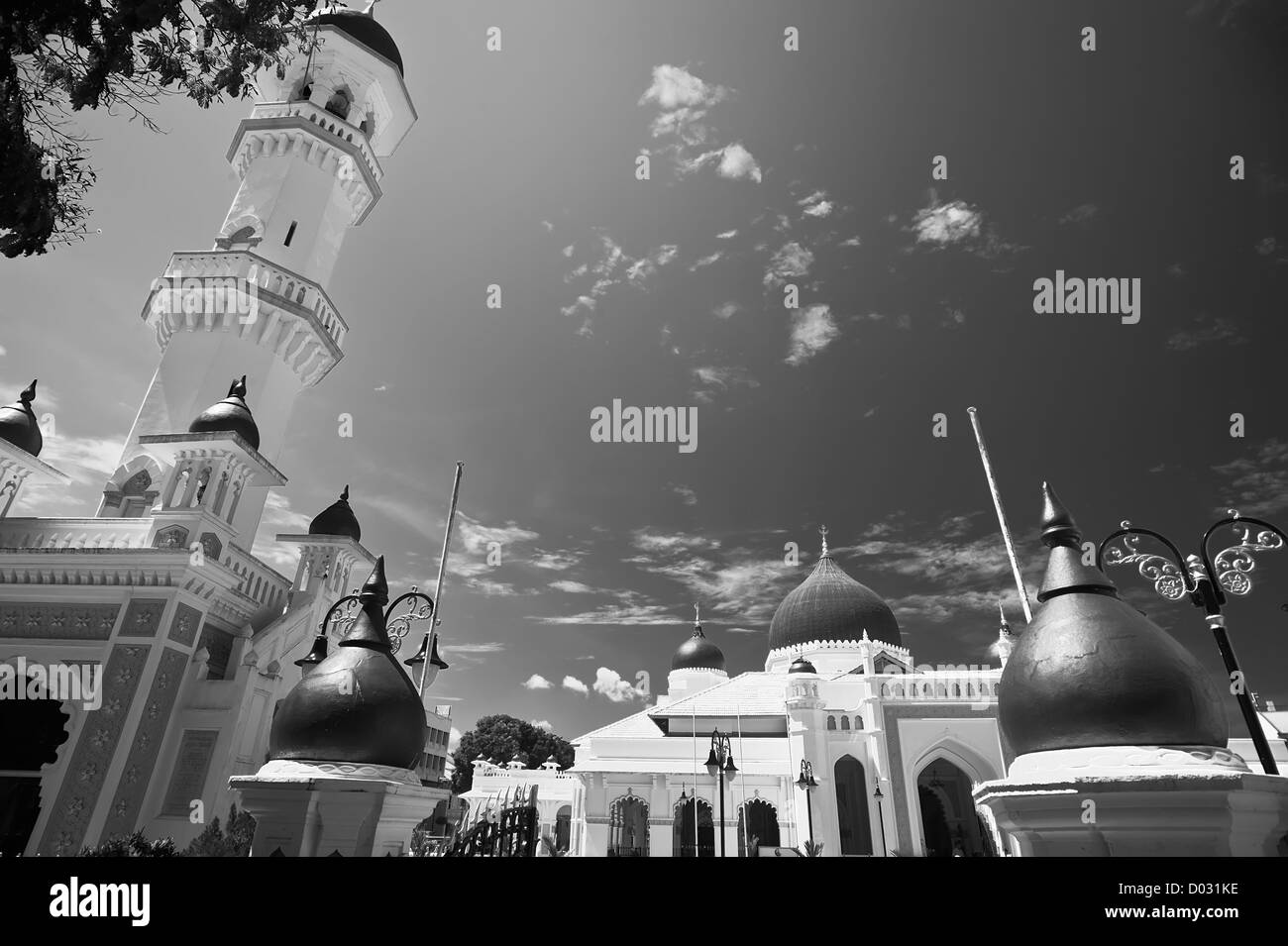 Mosque with dome under sky in black and white in Peng, Malaysia, Asia. Stock Photo