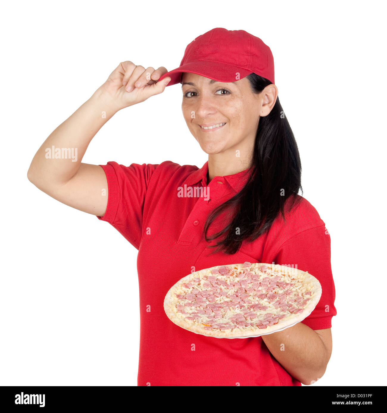 Delivery woman of pizza isolated on white background Stock Photo