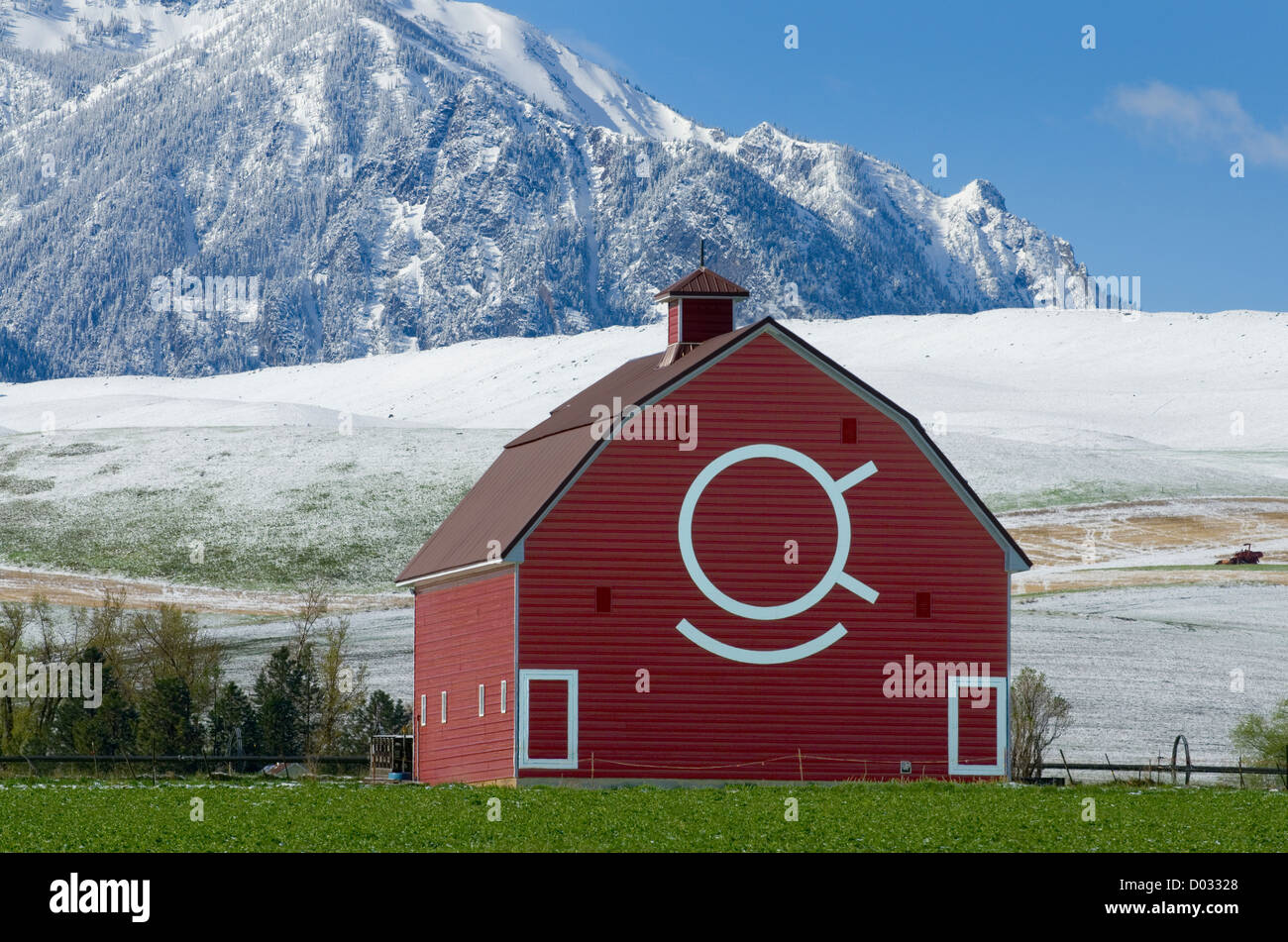 Classic red barn in the Wallowa Valley of Northeast Oregon Stock Photo