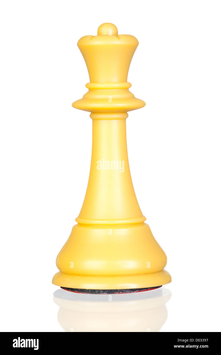 White queen chess piece isolated on white background with reflection on the floor Stock Photo
