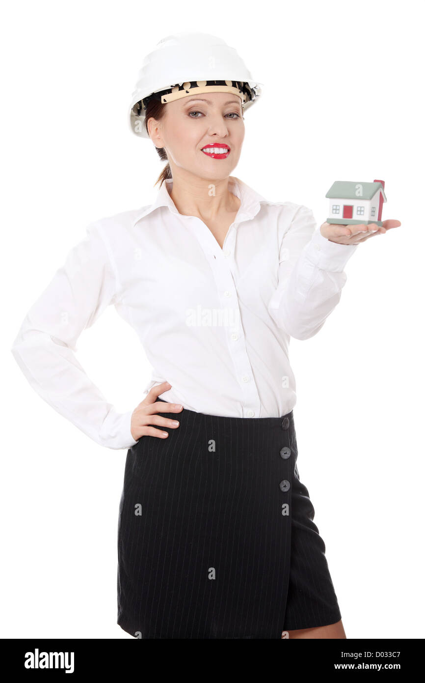 Mature beautiful business woman with house model - real estate Stock ...