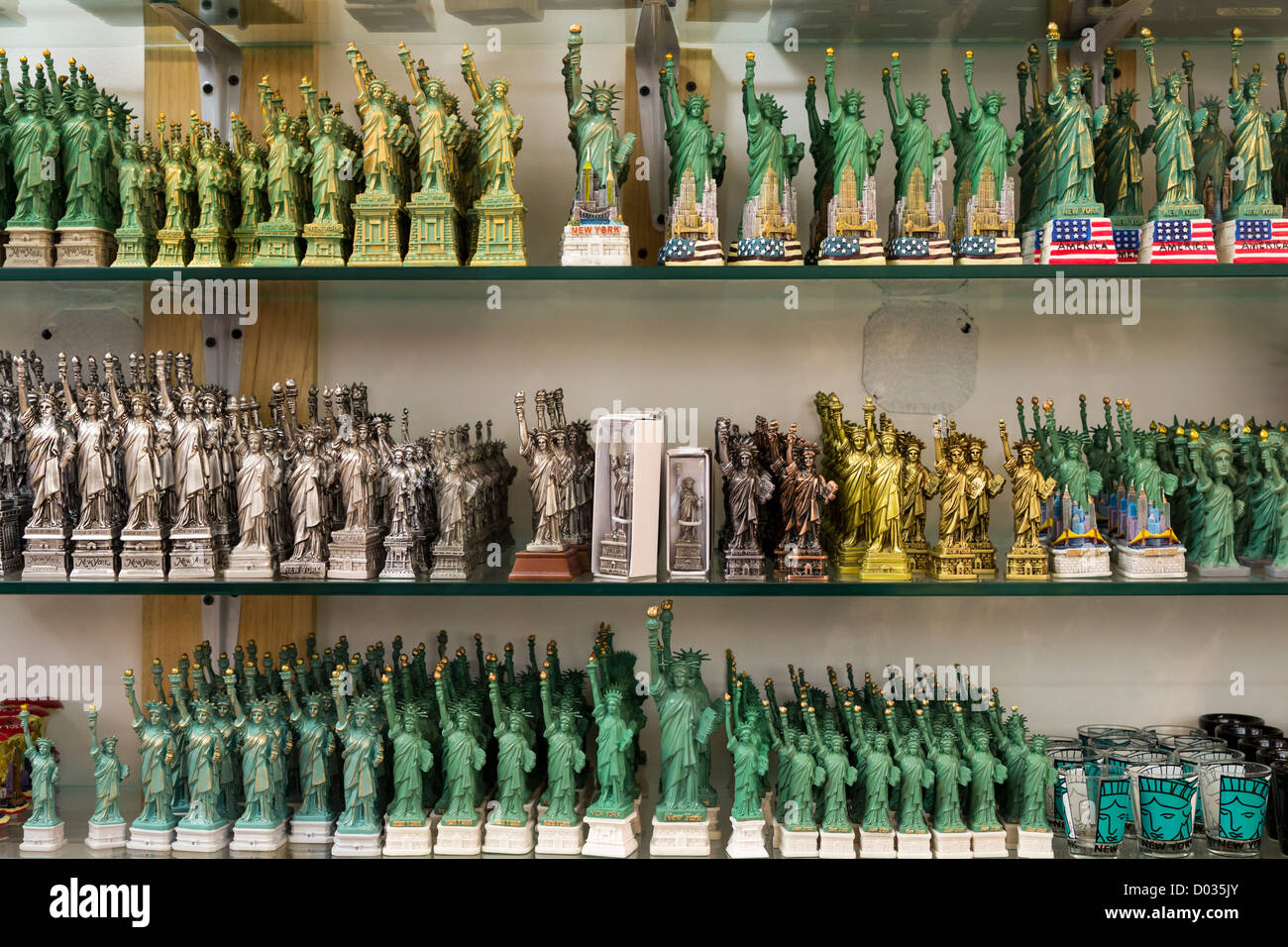 Different styles of copies of the Statue of Liberty in a souvenir shop