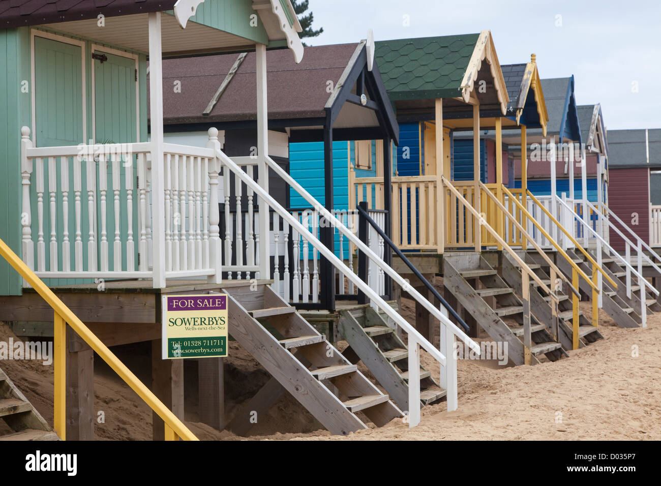Beach huts, WellsnexttheSea, North Norfolk, UK, including one for sale. Beach huts such as