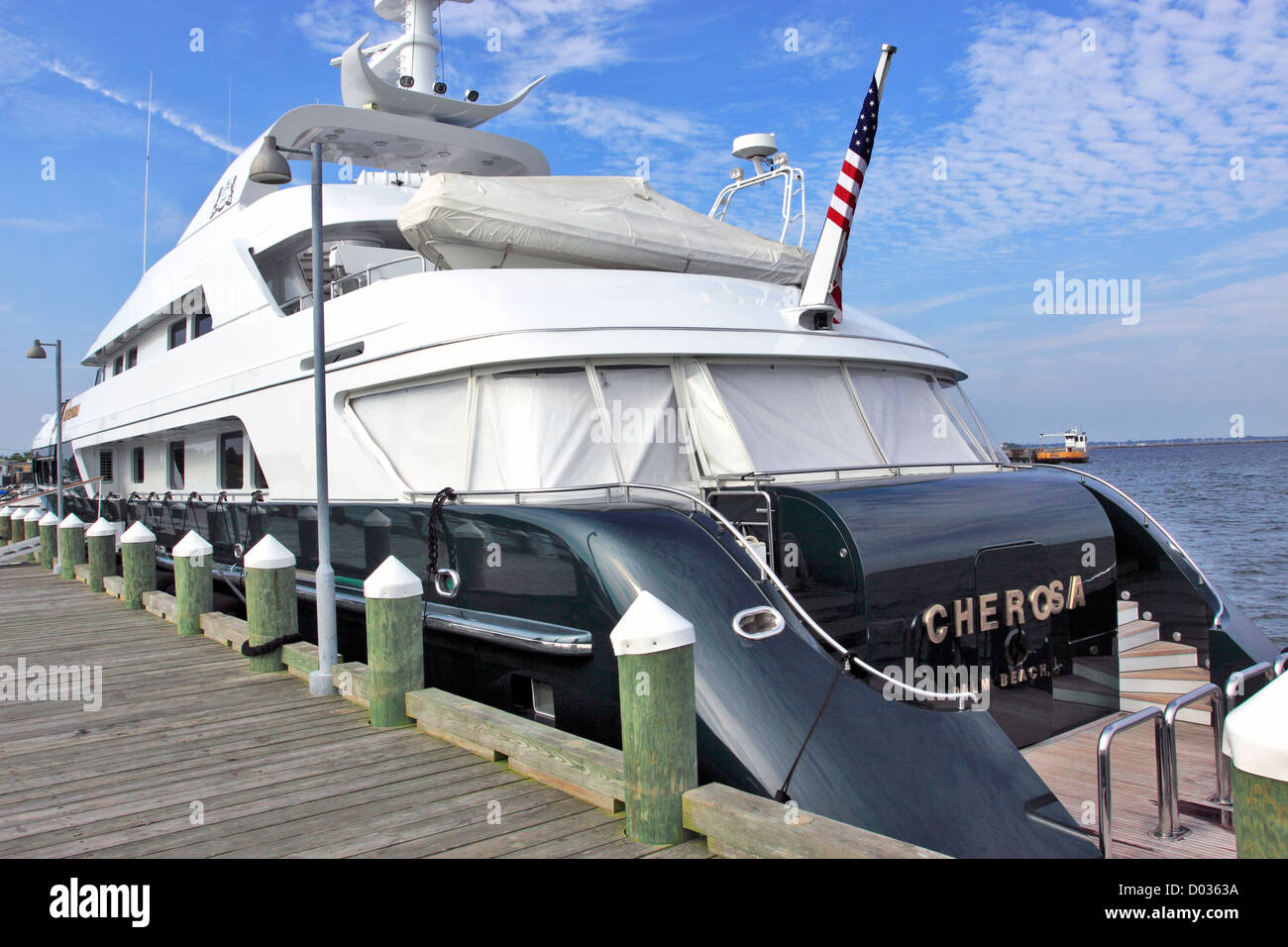 Yacht docked at Greenport Harbor on the north fork of eastern Long