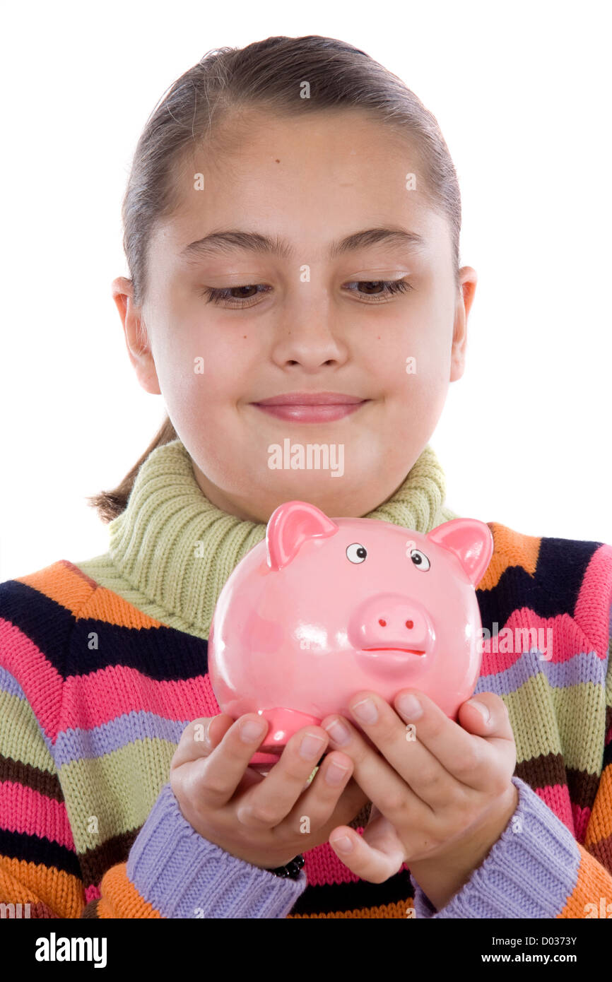 Adorable girl with moneybox isolated over white Stock Photo Alamy