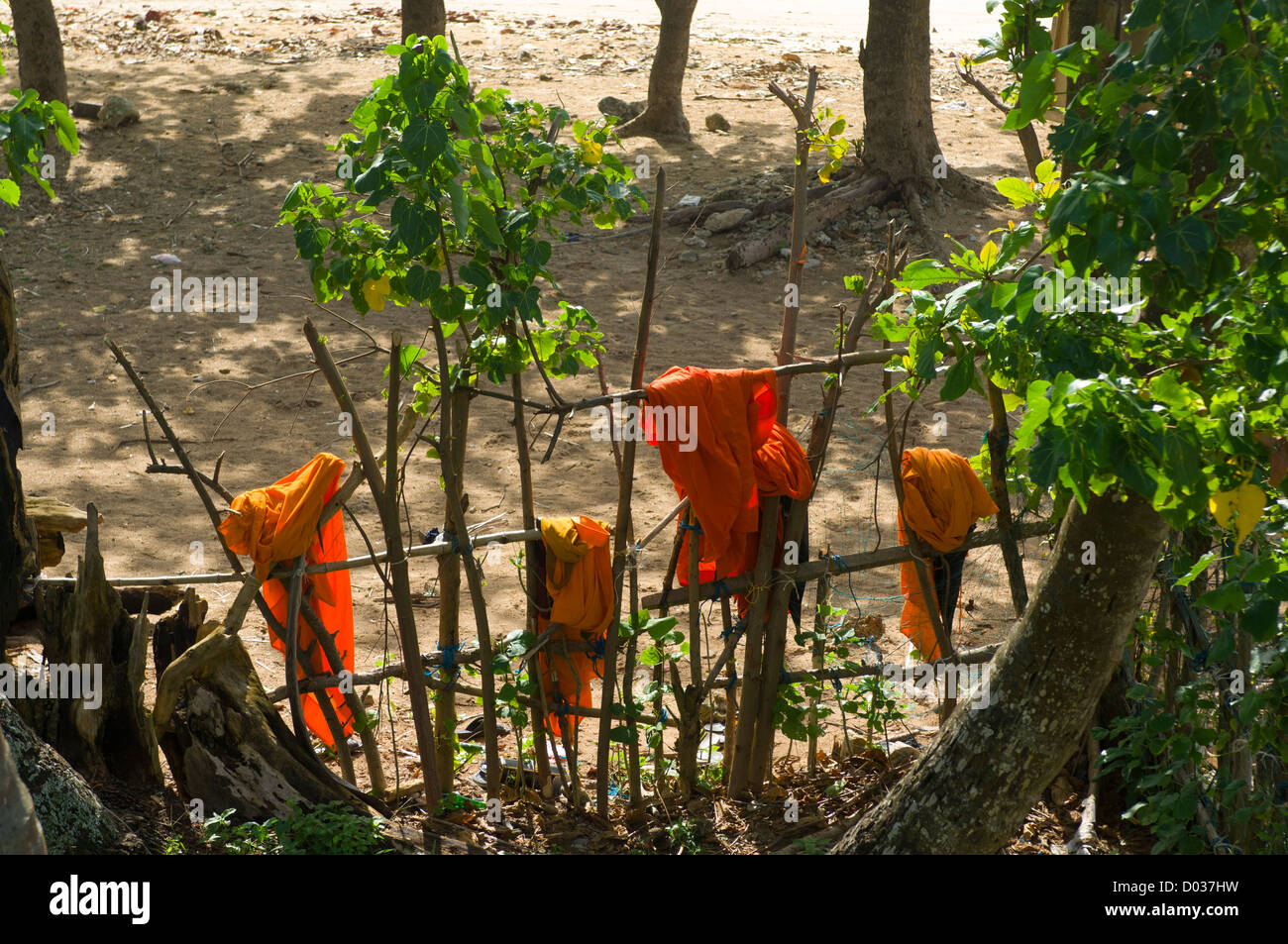 Monks' orange robes drying on a fence by a small beach, Galle Fort, Galle, Sri Lanka Stock Photo