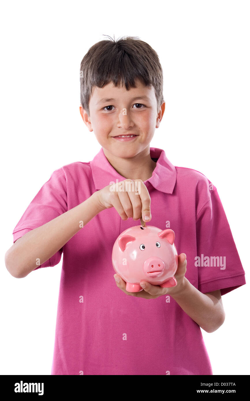 Adorable child with moneybox savings isolated over white Stock Photo