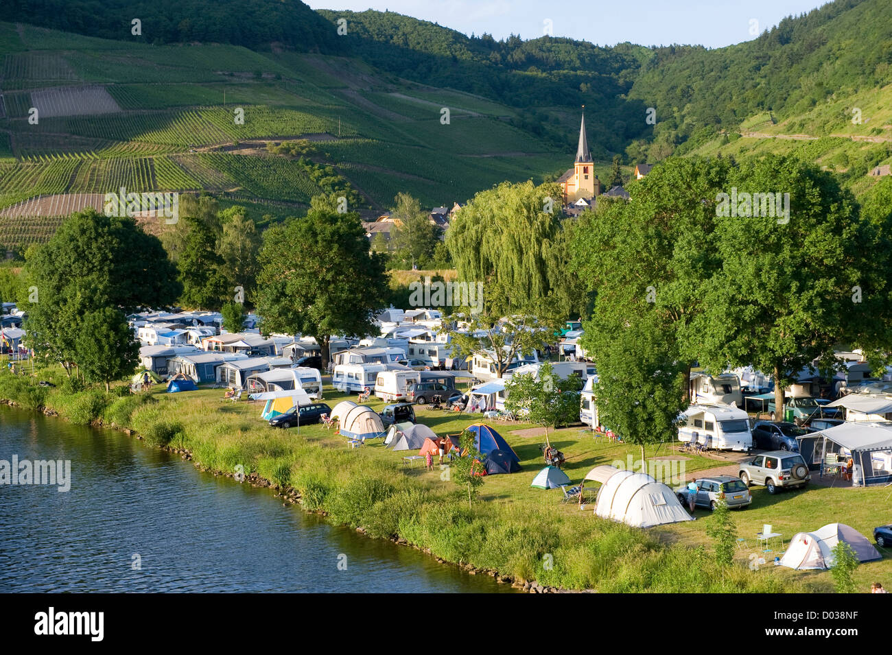 Camping on the banks of the river mosel in Germany Stock Photo