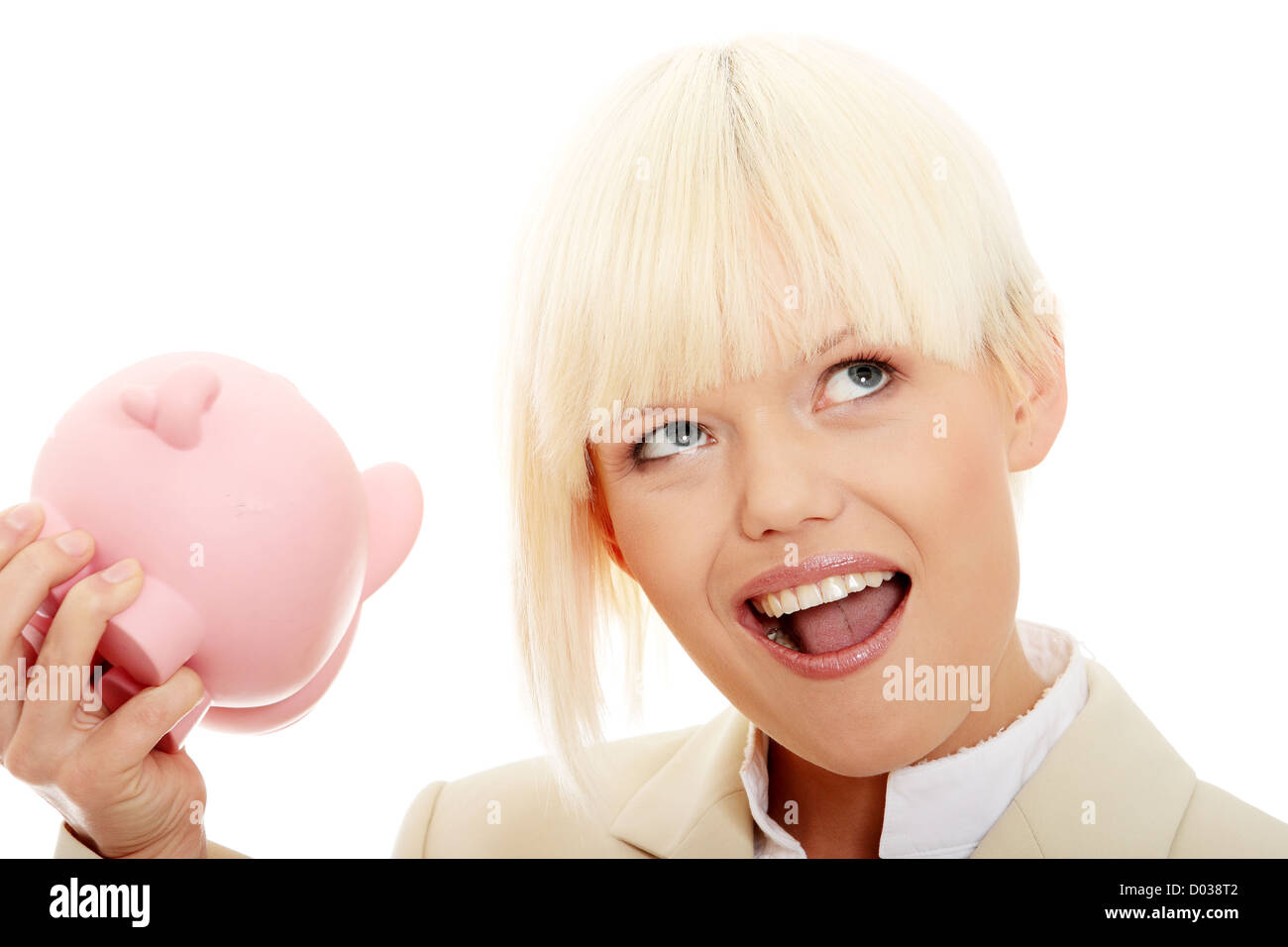 Businesswoman holding piggy bank. Isolated on white background Stock ...