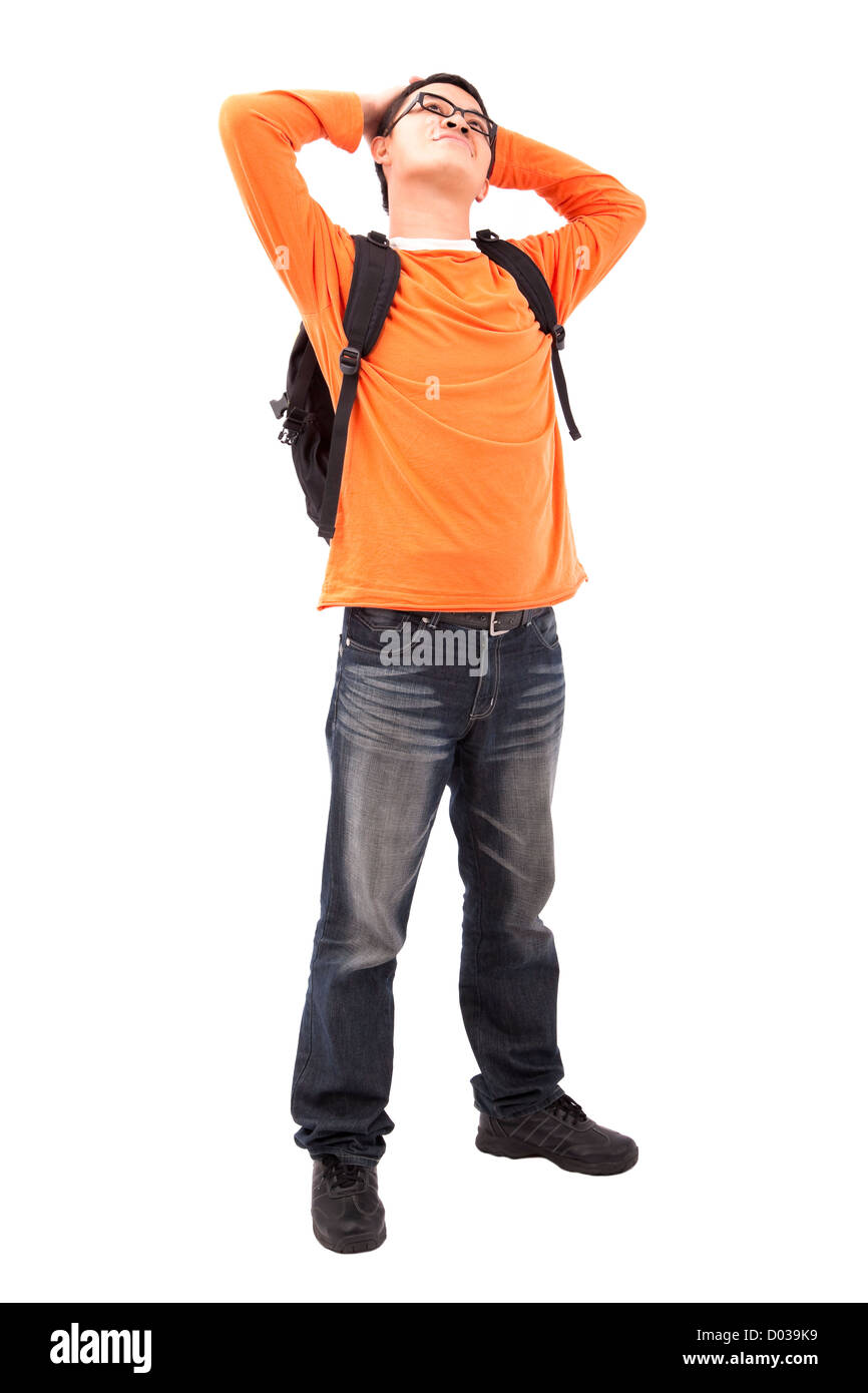 Portrait of young man stand with backpack isolated on white background ...