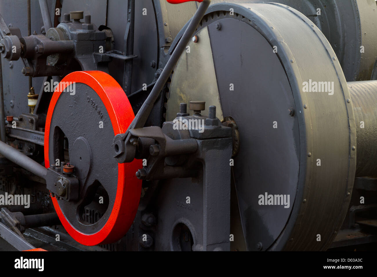 Closeup details of a steam engine displayed at the San Francisco