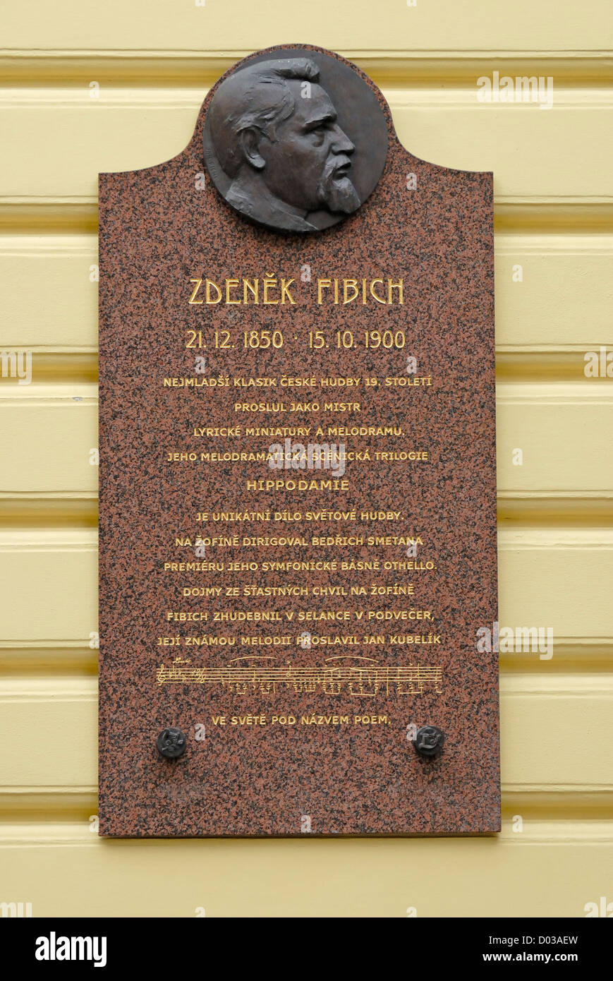 Prague, Czech Republic. Plaque on Zofin Palace, Zofin Island (Slovansky ostrov). Zdenek Fibich, Czech composer (1850-1900) Stock Photo