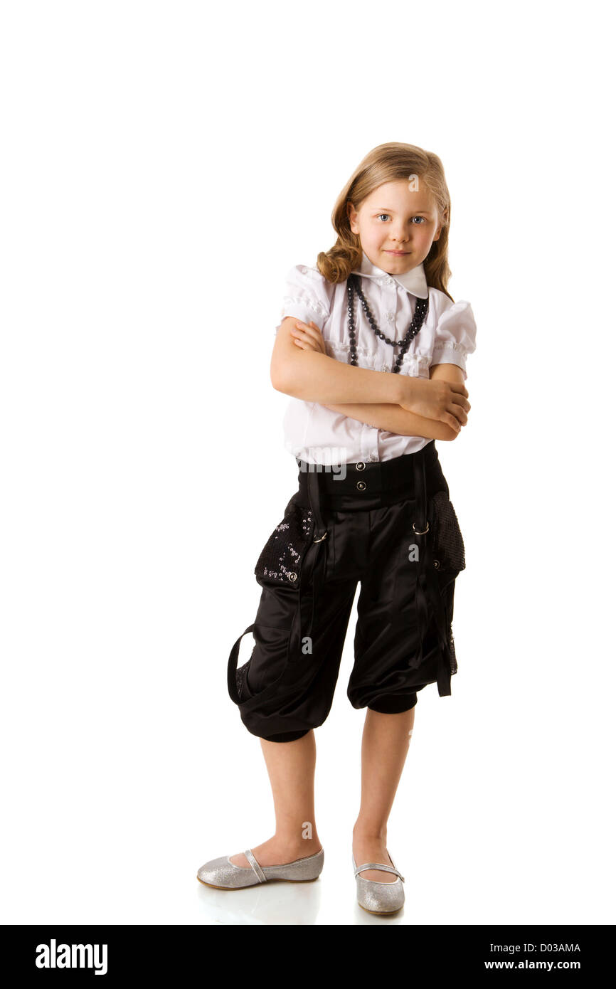 Happy school girl posing isolated on white Stock Photo - Alamy