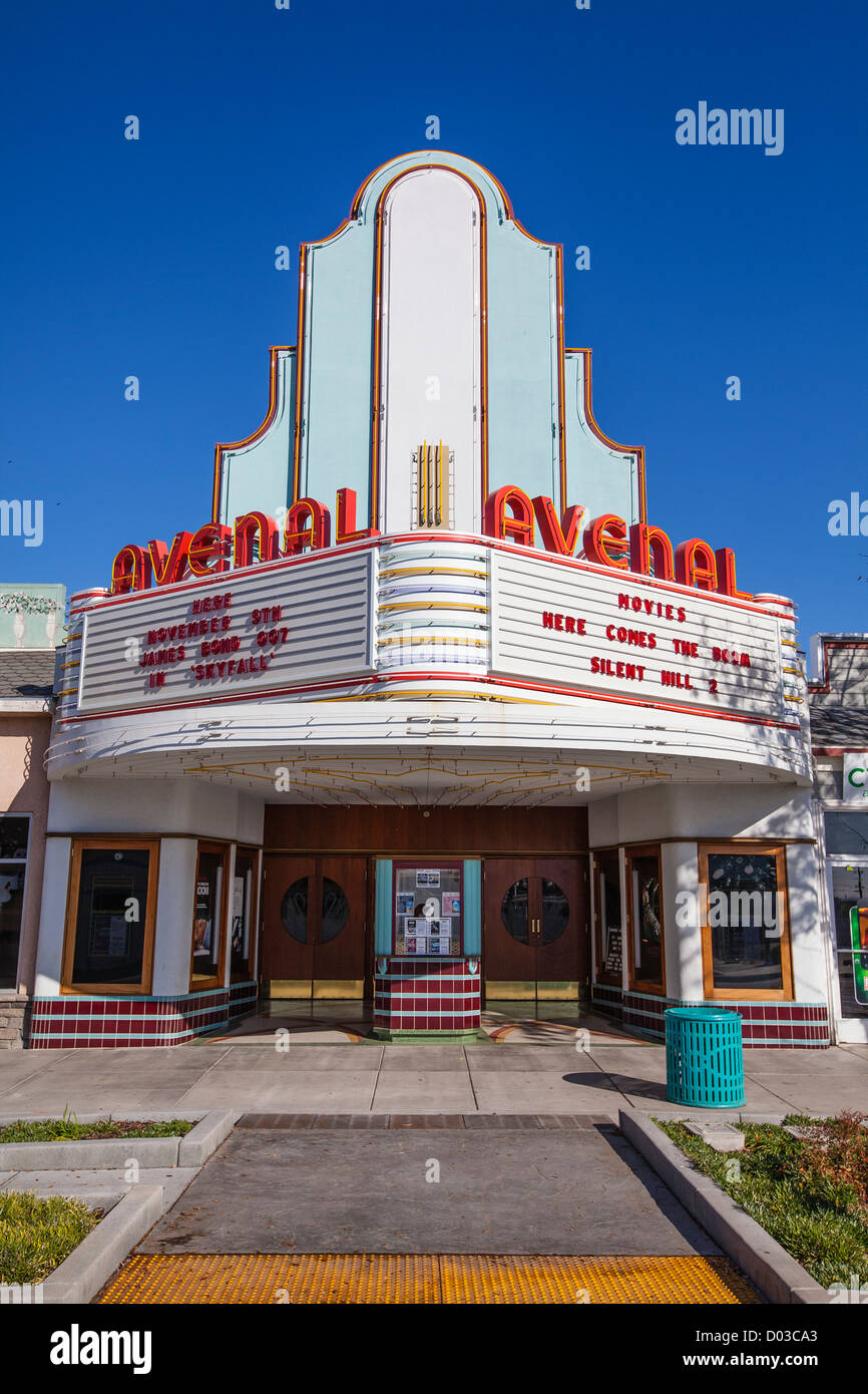 The art deco cinema in Avenal, California, a well preserved exterior and marquee. Stock Photo