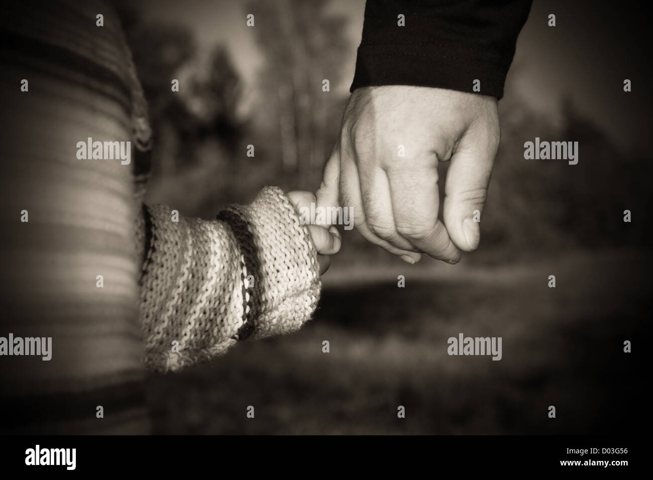 A parent holding the hand of its child while walking in a park Stock ...