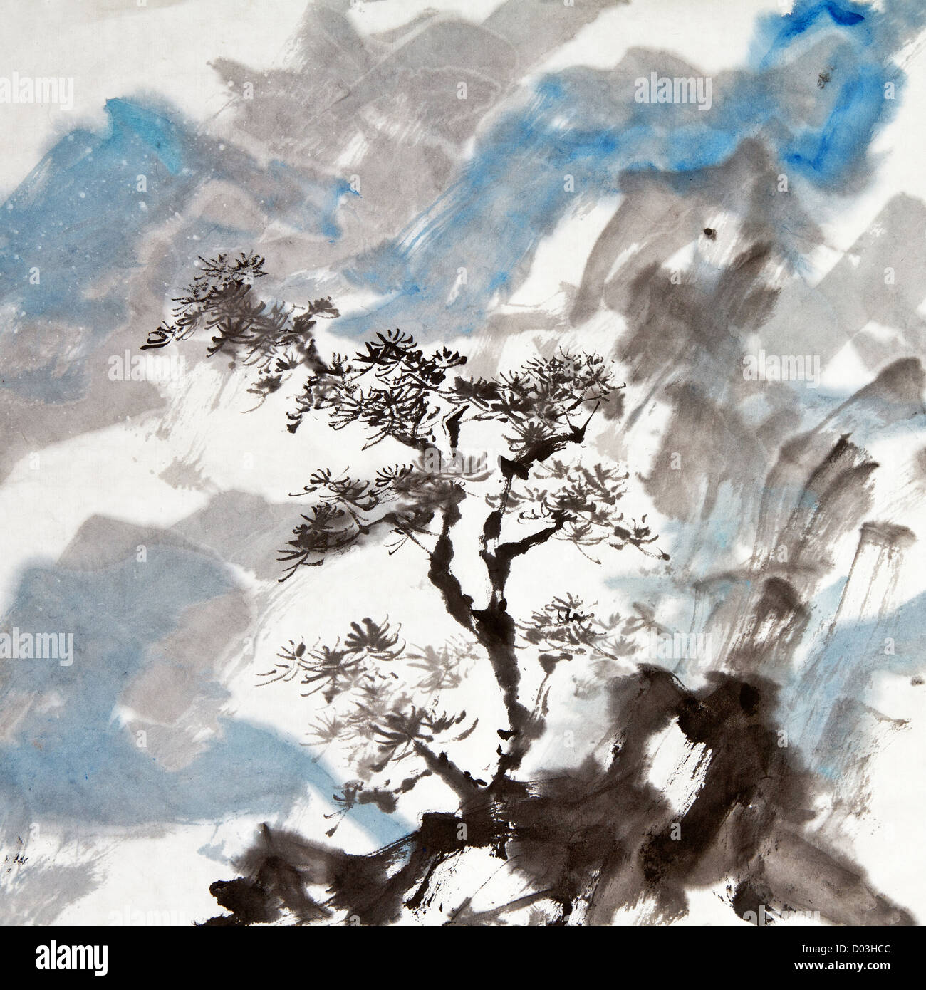 Chinese painting of traditional ink artwork of landscape with mountains and pine tree Stock