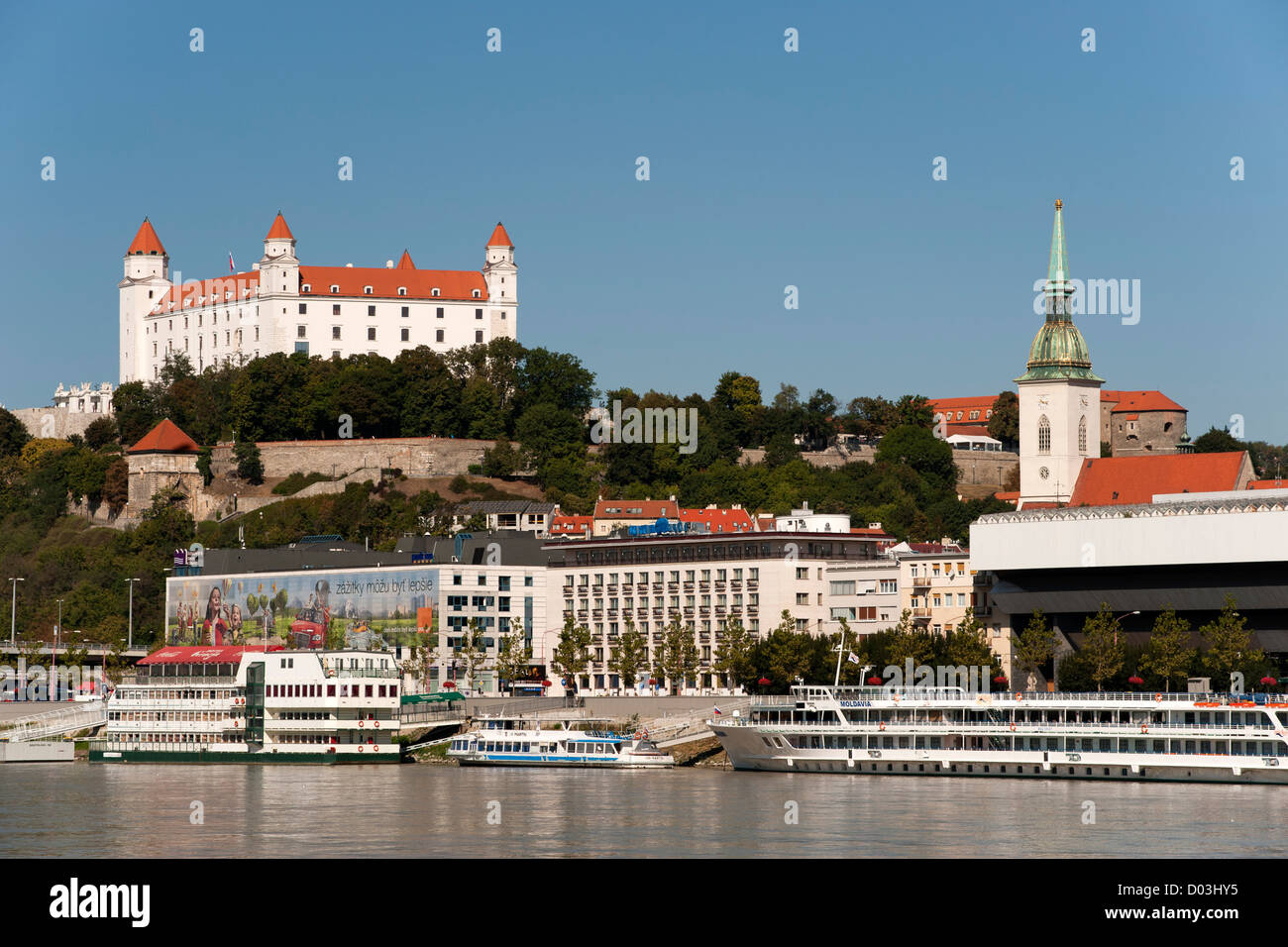 Bratislava castle, St. Martin's Cathedral and the Danube River in Bratislava, the capital of Slovakia. Stock Photo
