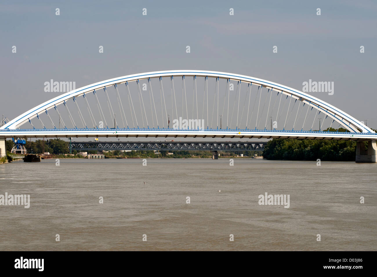 Apollo Bridge spanning the Danube River in Bratislava, the capital of Slovakia. Stock Photo