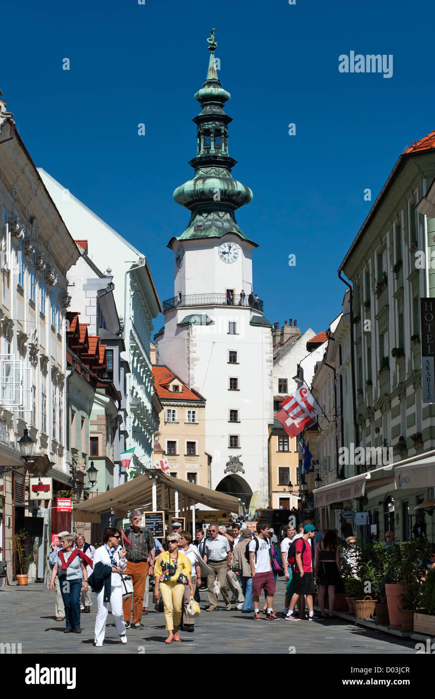 Michalska street and Saint Michael's Gate and Tower in Bratislava, the capital of Slovakia. Stock Photo