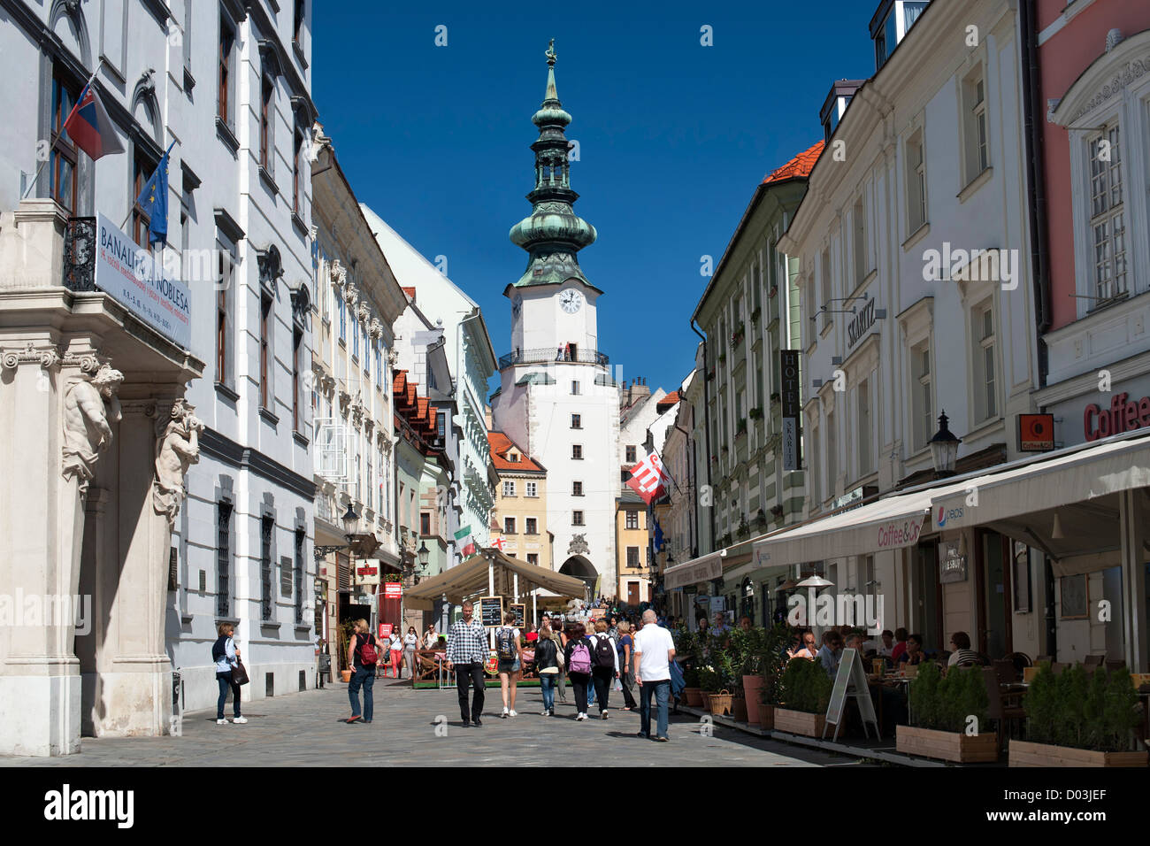 Michalska street and Saint Michael's Gate and Tower in Bratislava, the capital of Slovakia. Stock Photo