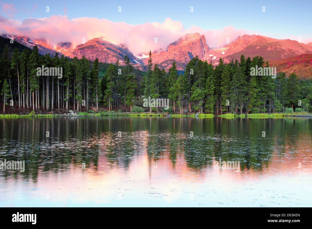 Sunrise Reflections on Sprague Lake, Rocky Mountain National Park, Colorado, USA Stock Photo