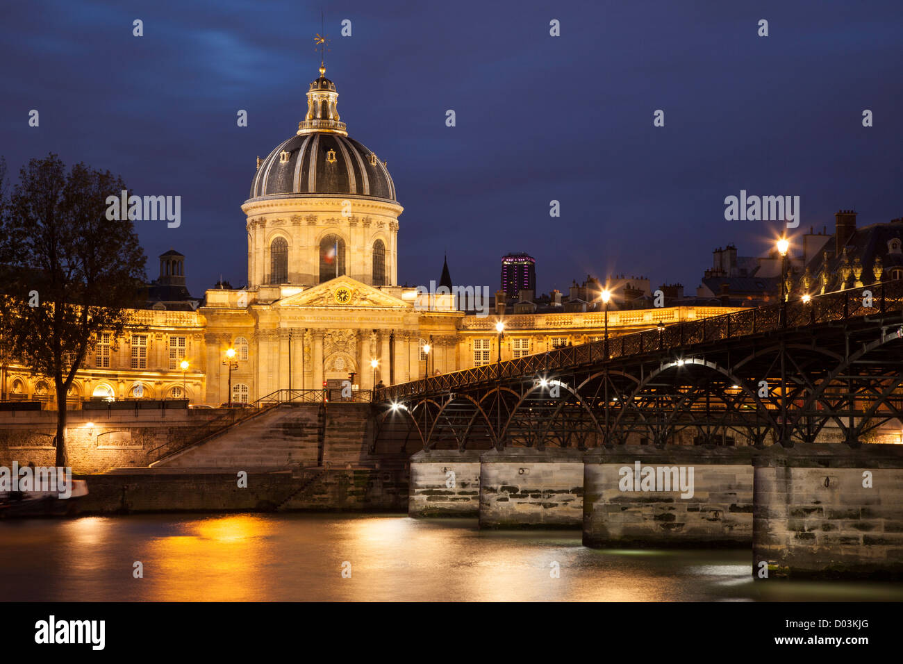 Twilight over Academie Francaise and River Seine, Paris France Stock Photo