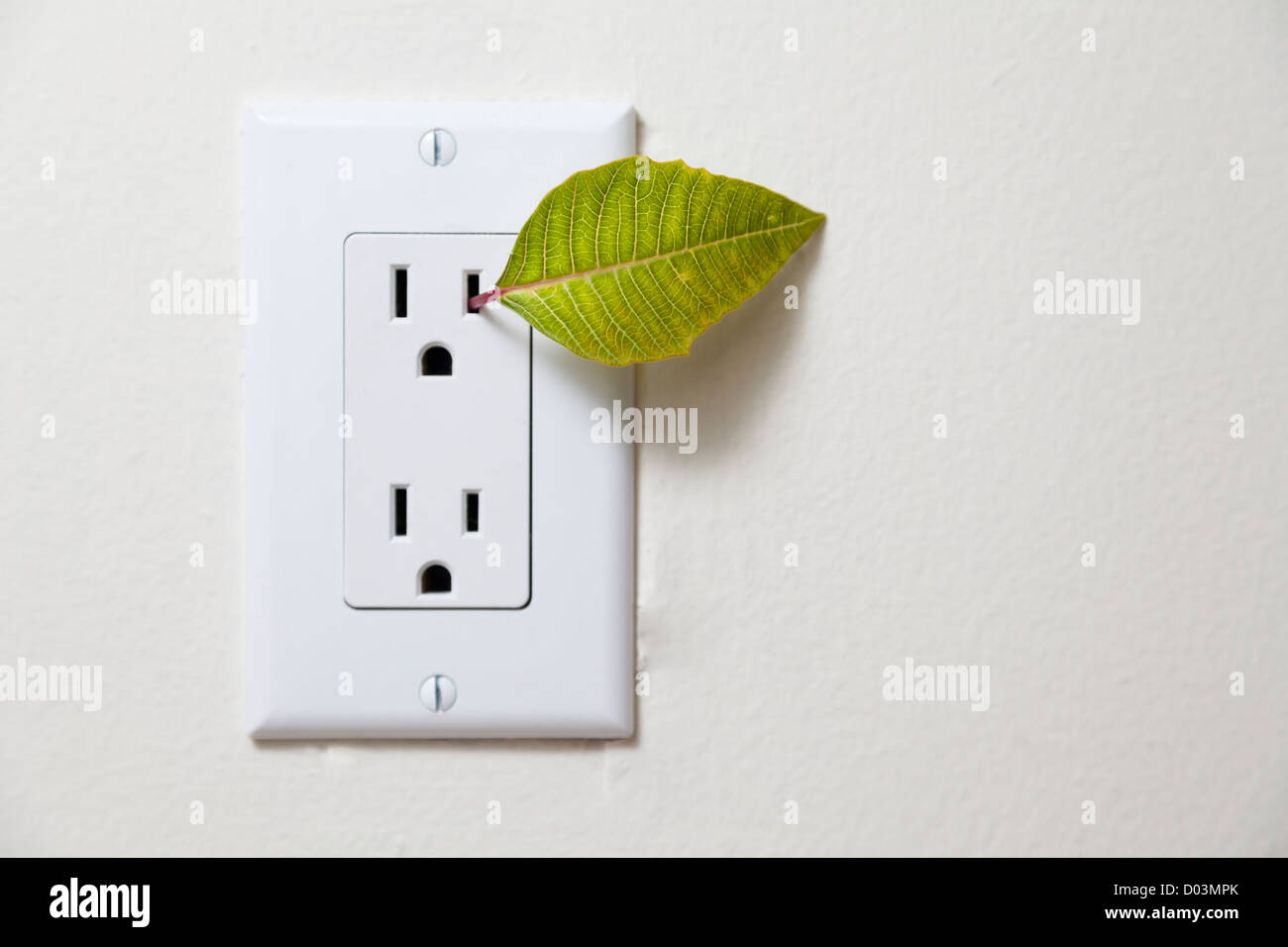 Leaf glowing with electricity coming out of a wall outlet plug Stock ...