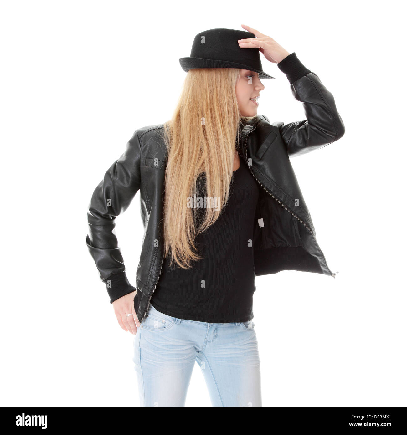 Young female dancer in black hat, isolated on white background Stock Photo