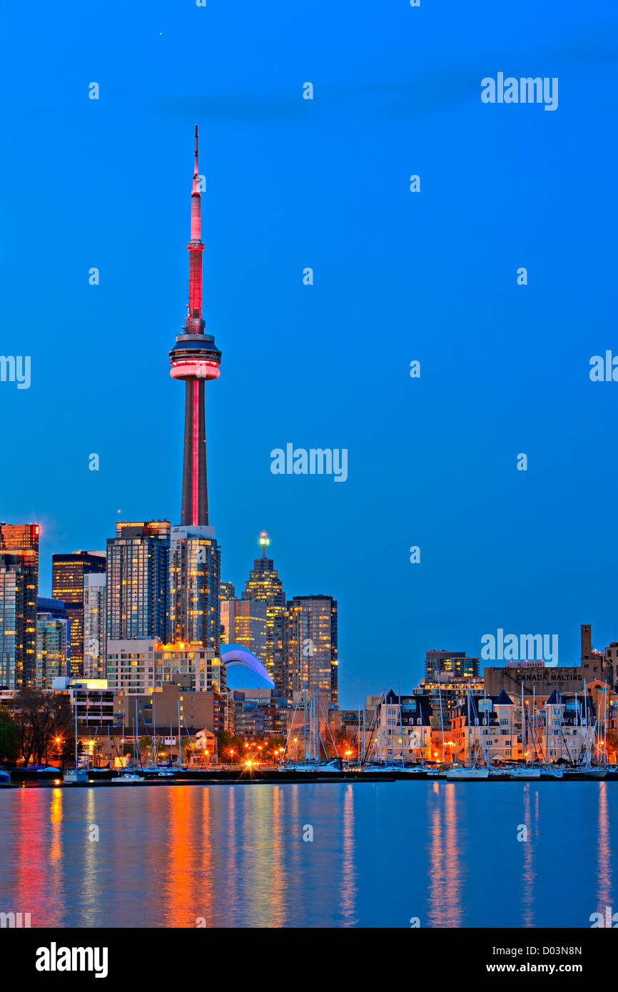 Skyline of Toronto City seen from Ontario Place, Toronto, Ontario, Canada at dusk. Stock Photo