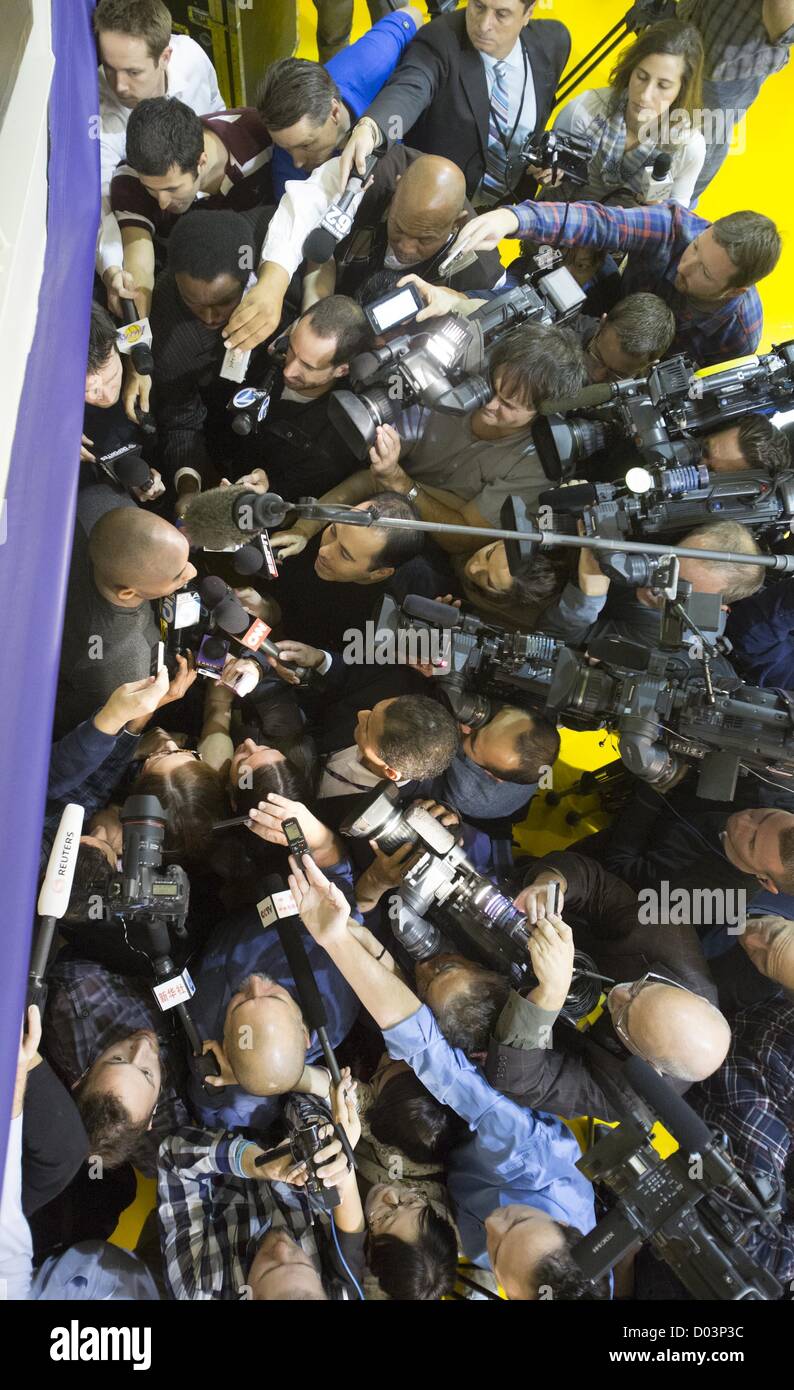 Nov. 15, 2012 - Los Angeles, California, U.S. - Lakers KOBE BRYANT speaks to the media before a press conference introducing Mike D'Antoni as the new Los Angeles Lakers head coach at the Lakers practice facility at the Toyota Sports Center. (Credit Image: © Ringo Chiu/ZUMAPRESS.com) Stock Photo