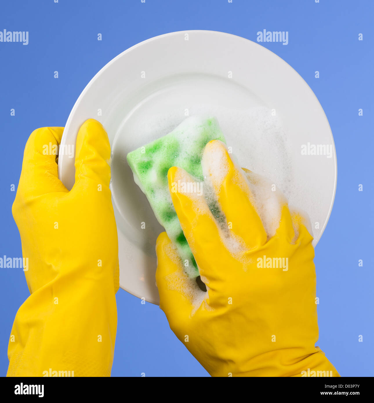 Hands in yellow gloves washing dish on blue background Stock Photo