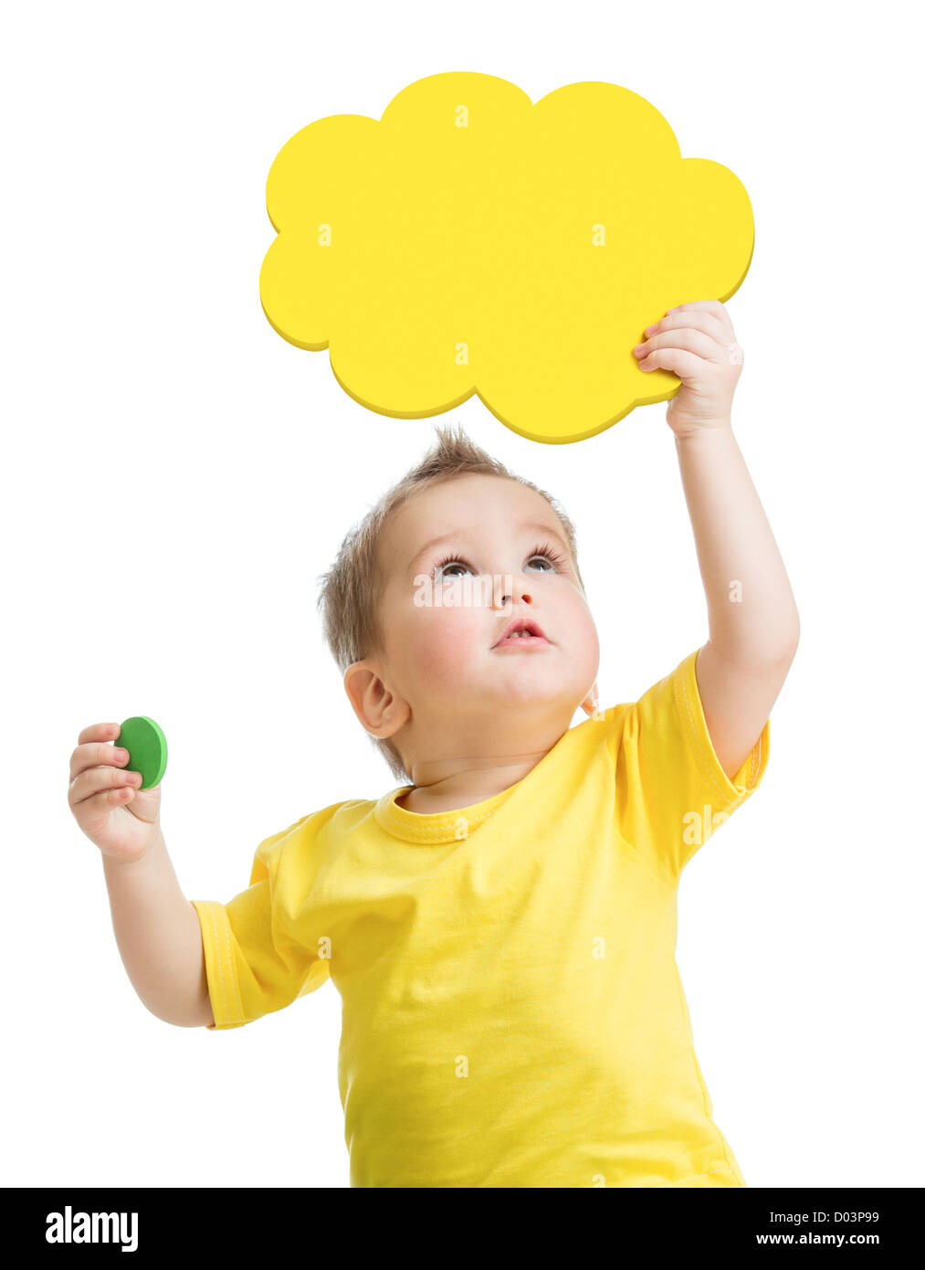 Kid playing blank yellow cloud looking up Stock Photo