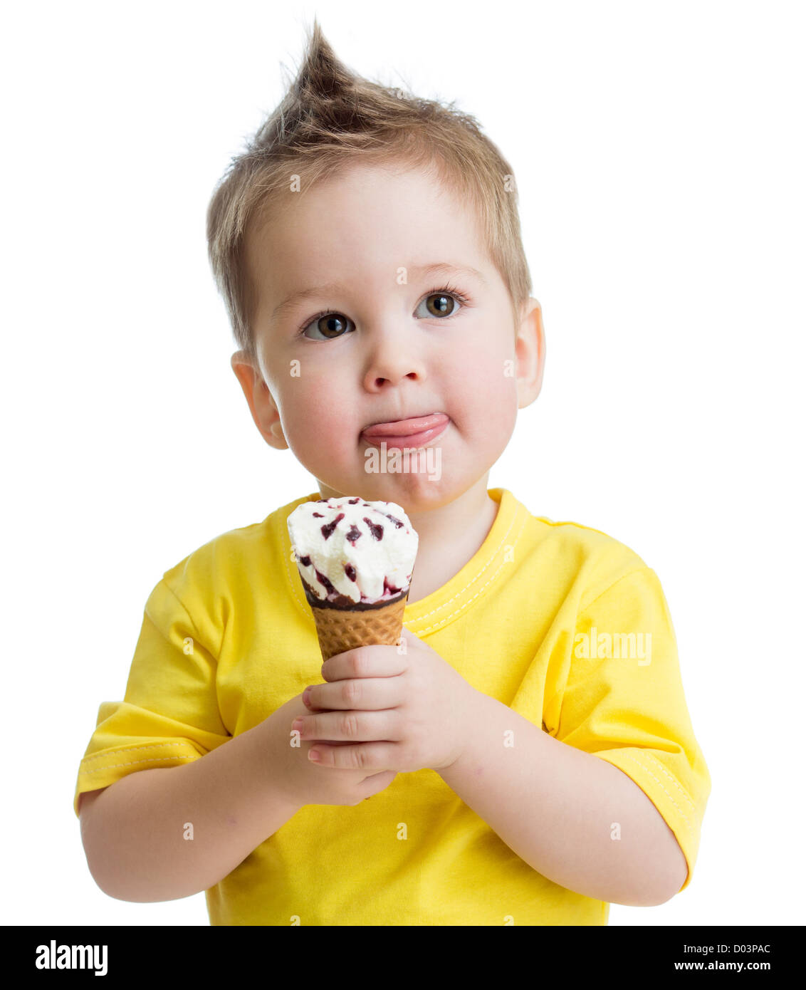 A Boy Wearing A White Shirt Is Eating Ice Cream Stock Photo