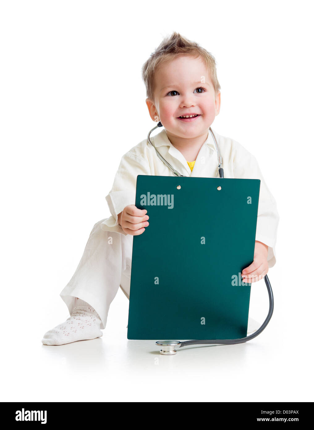 kid or child playing doctor with stethoscope and medical clipboard isolated studio shot Stock Photo