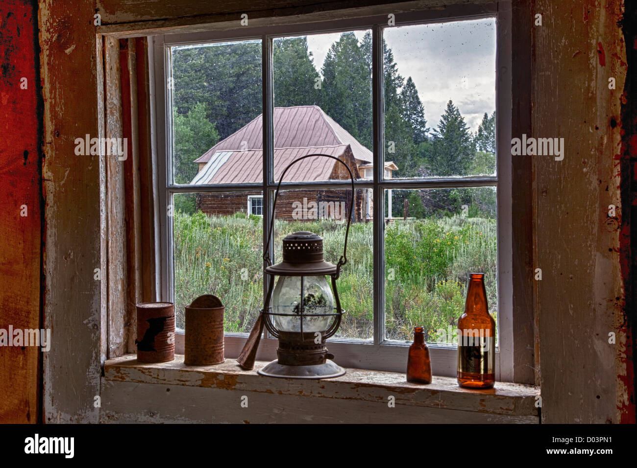 Idaho, Custer, (1880's gold mining town) Miner's Cabin, window view ...