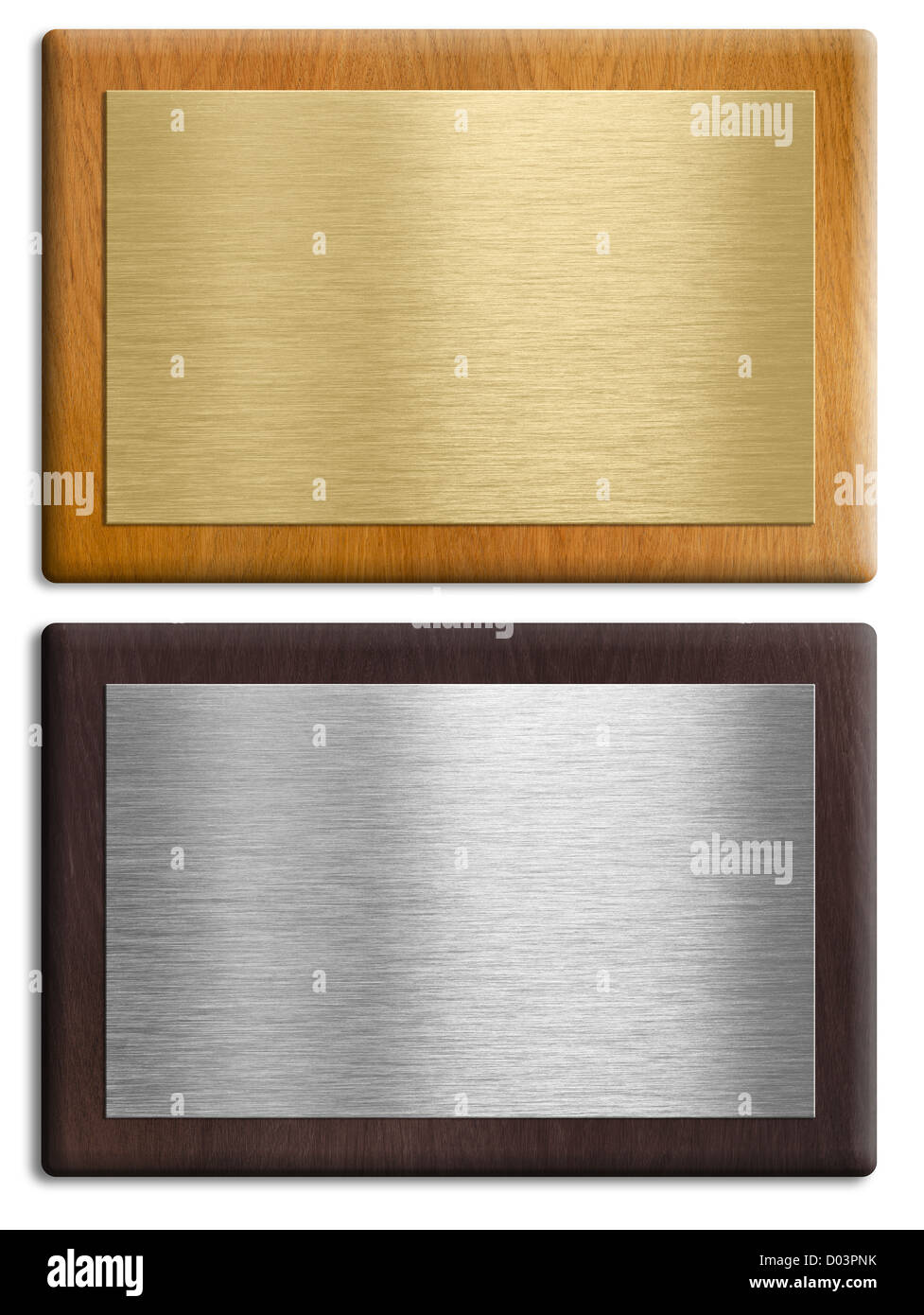 Silver and gold wooden plaques isolated on white set. Clipping paths are included. Stock Photo