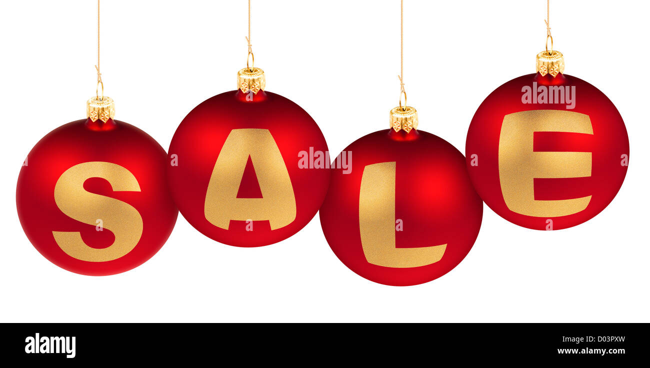 sale word made of christmas tree decoration red balls for winter advertisement Stock Photo