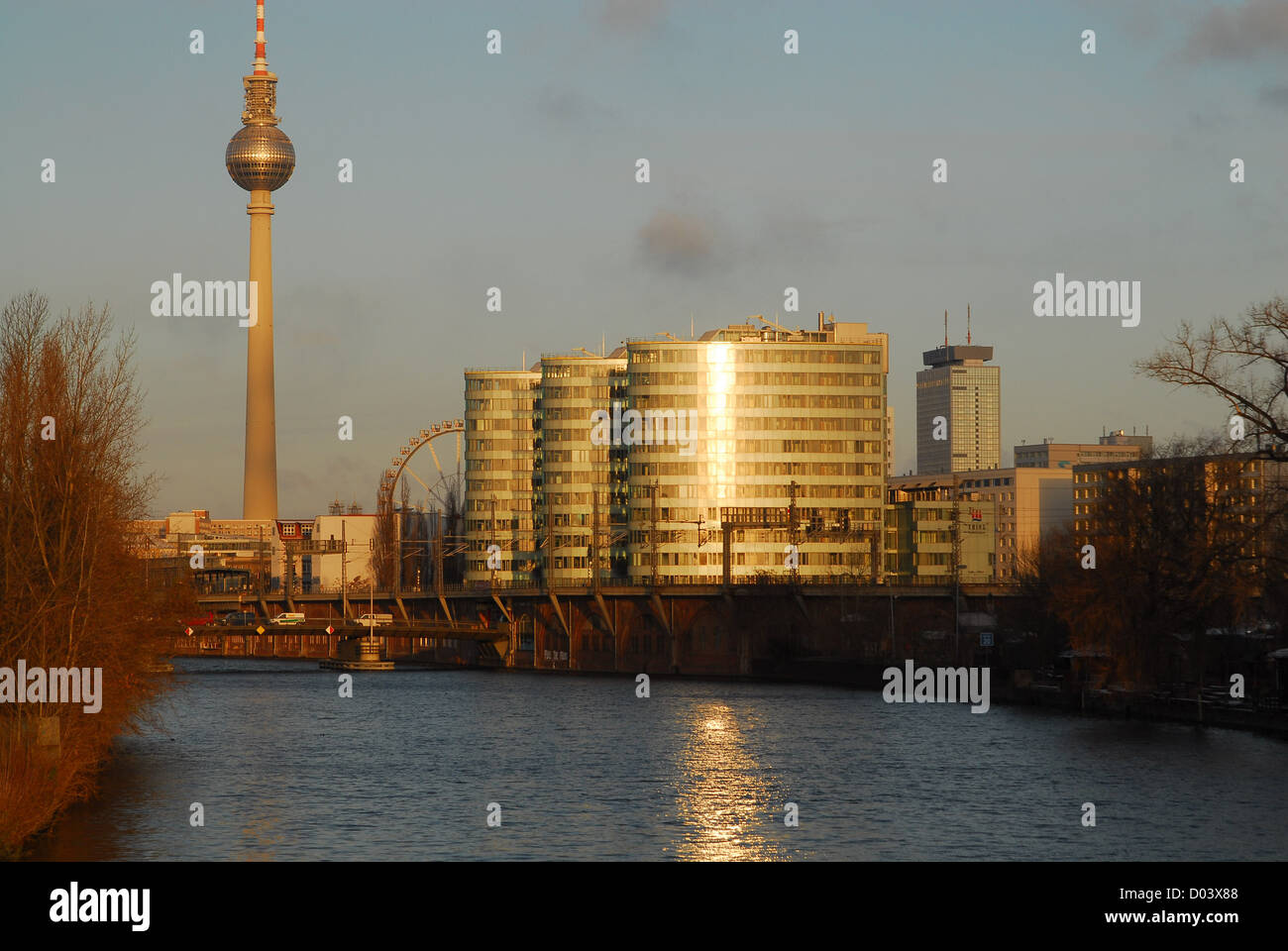View over Spree River with Trias office buildings and Tv Tower, Berlin Germany, winter 2008. Stock Photo