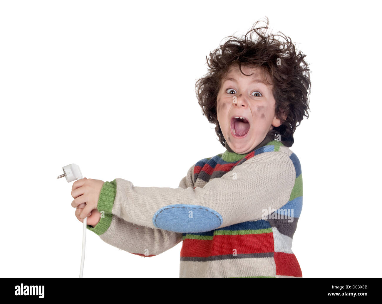 Child plug receiving electric shock isolated on white background Stock
