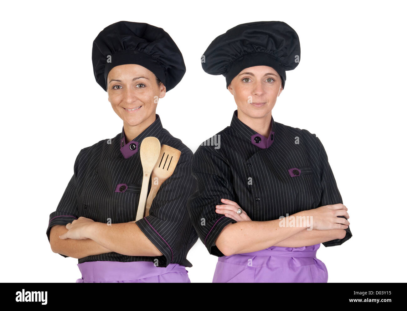 Couple of cooks women with black uniform isolated on white background ...