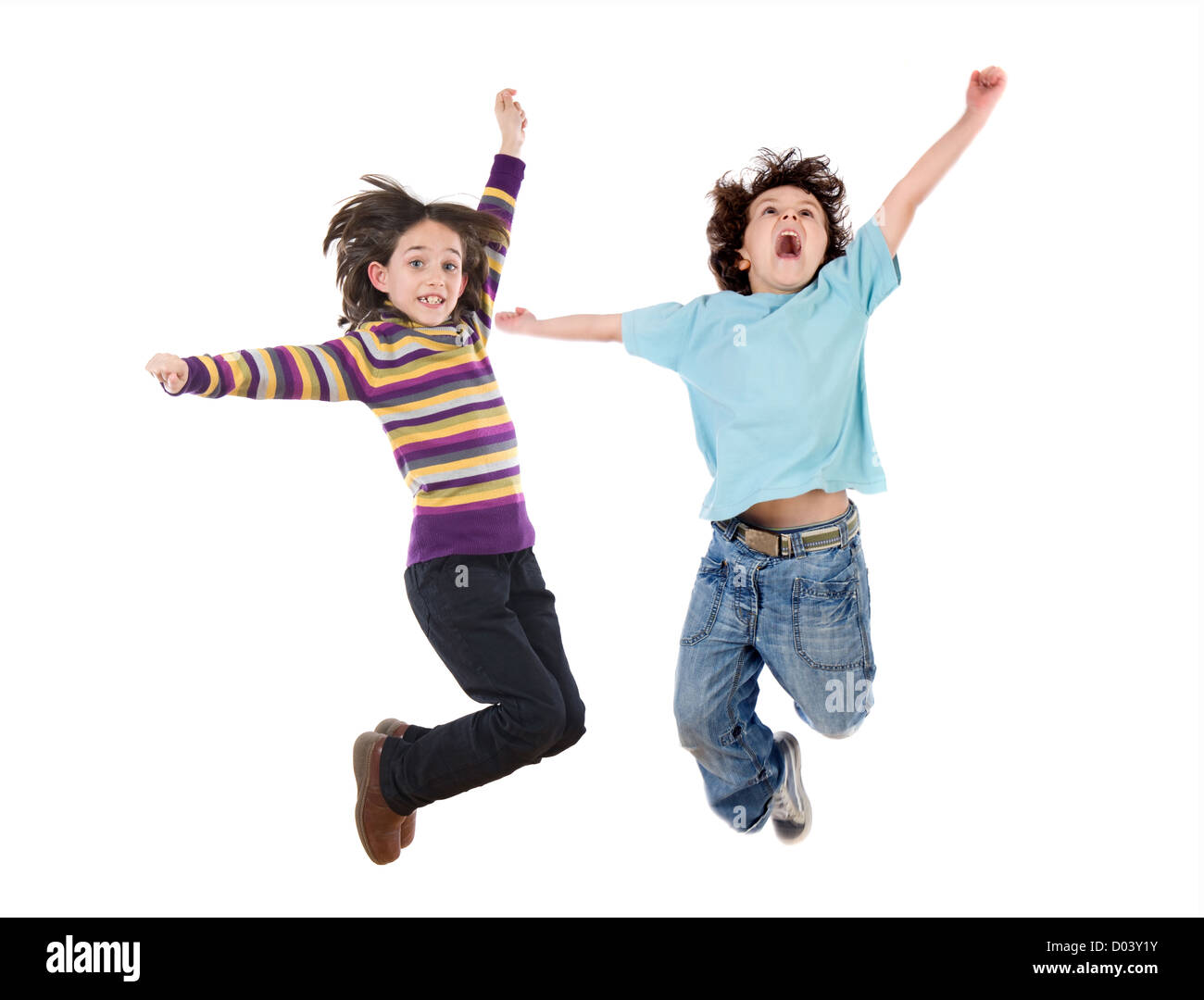Two happy children jumping at once on a white background Stock Photo ...