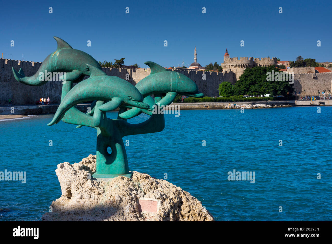 Rhodes old town, medieval, ancient walls, dolphin sculpture, Stock Photo