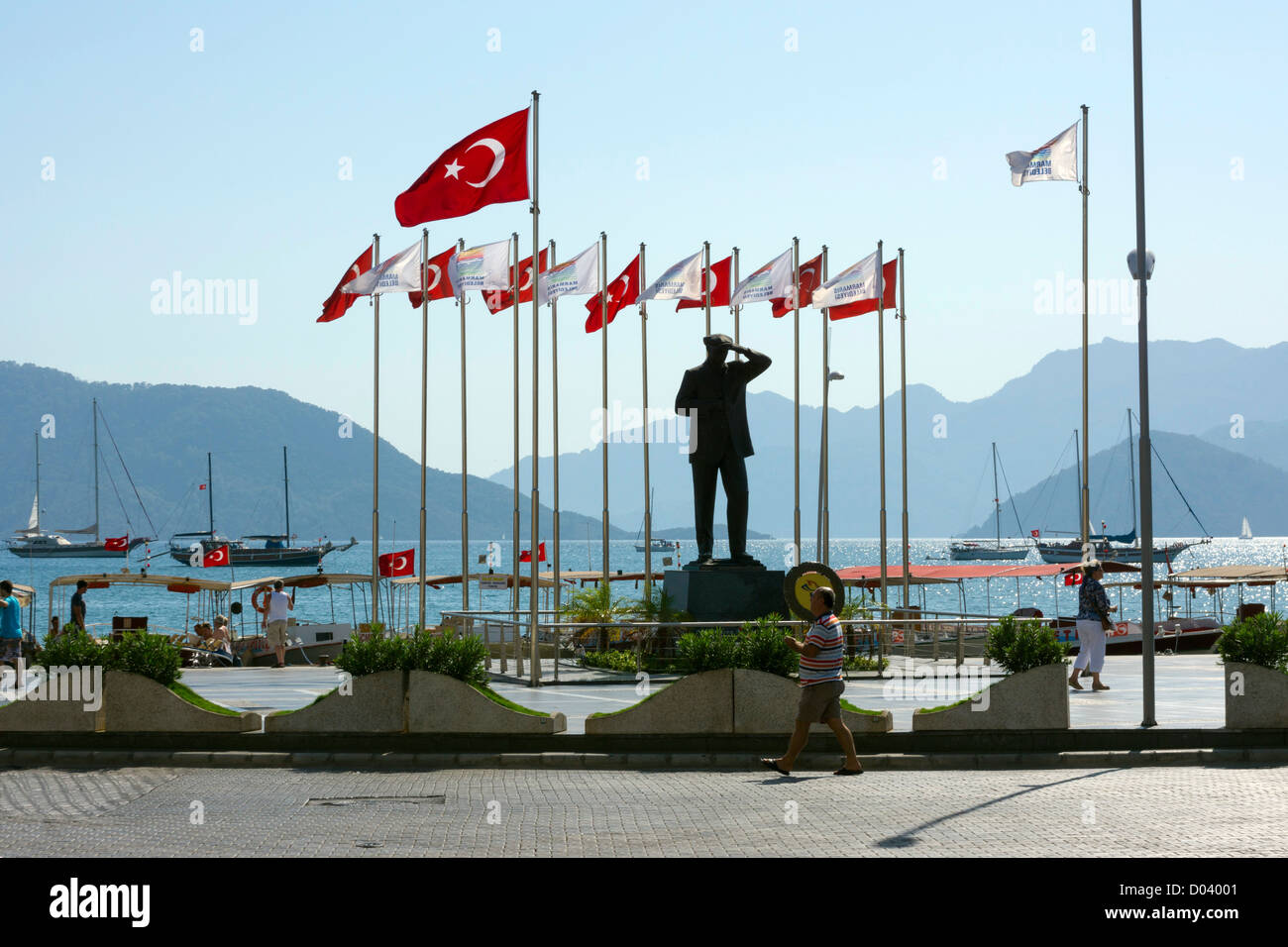 Statue of Ataturk with Turkish flags, Marmaris, Turkey Stock Photo